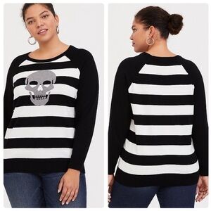 Torrid 1X Skull Black / White Stripe Pull Over Lightweight Sweater, Long Sleeve